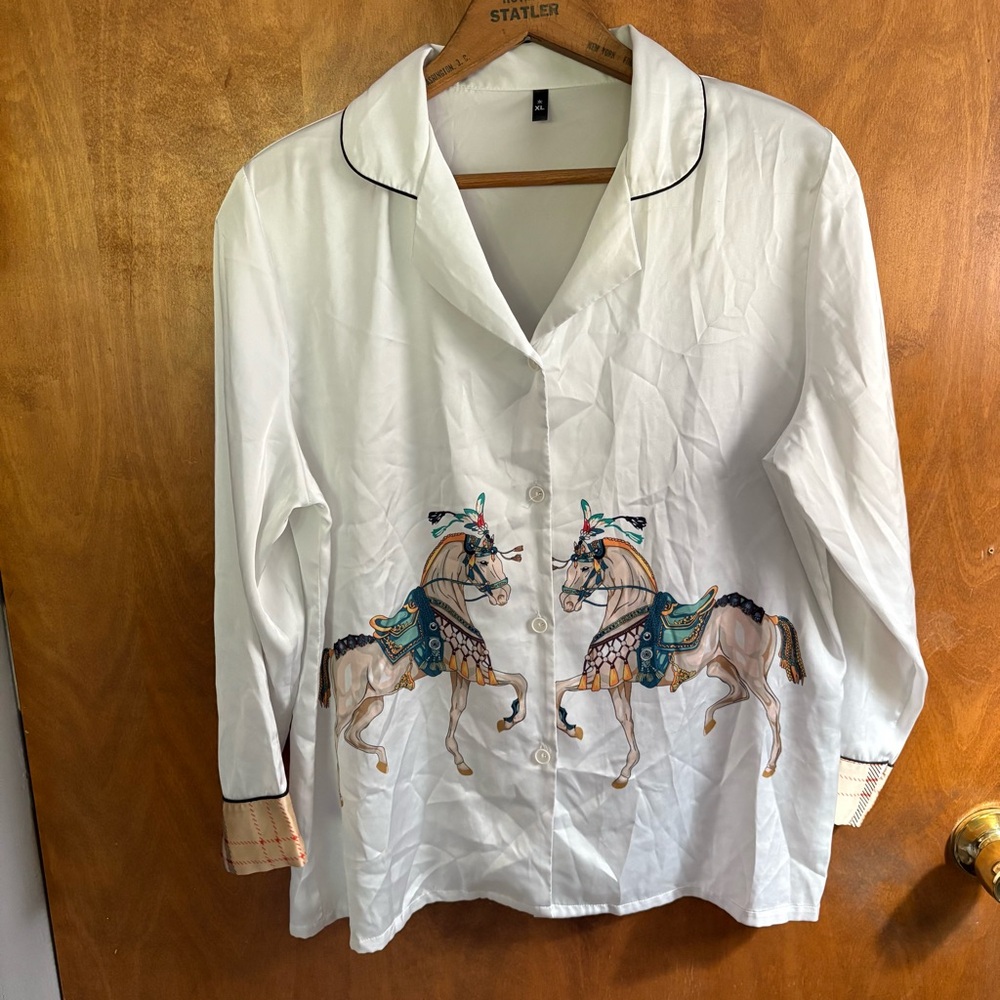 White Equestrian Horse Rodeo Button Down Pajama Top Satin XL Plaid Western Y2K